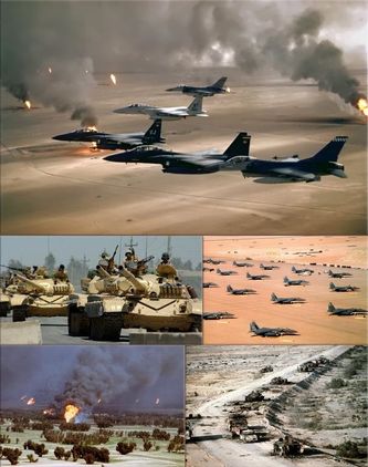 Bajo el liderazgo de las Naciones Unidas, la Operación Tormenta del Desierto (Operation Desert Storm) con una coalición militarizada de 33 países, de los cuales Estados Unidos es la punta de lanza, provocará una ola de bombardeos en Irak, sin precedentes, del 18 de enero a 28 de febrero de 1991